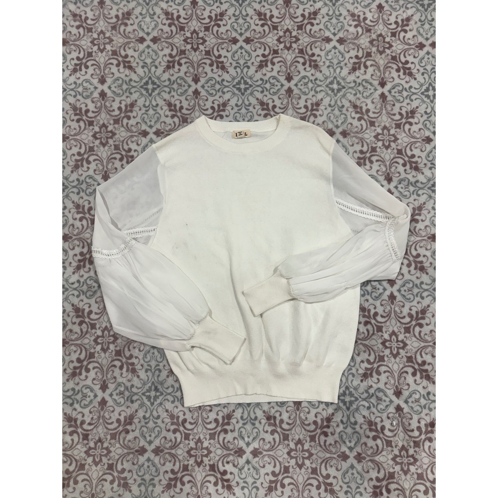 POL White Mixed Media Balloon Sleeve Sweater Lace Trim YST207 Small